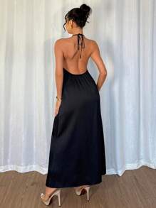 Gloray Women's Wavy Strap Halter Long Dress, Elegant Summer Dress Fall Cloth For Women - Black - View 2
