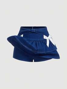 SHEIN MOD Women's Cute Dusty Blue Denim Mini Shorts With Tiered Ruffle Layers And Bow Details - Dusty Blue - View 5
