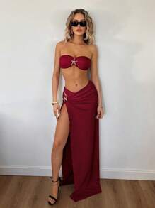 SHEIN ICON 1 件女士度假海星装饰侧开衩下摆罩衫裙 - 紅色 - 查看 7