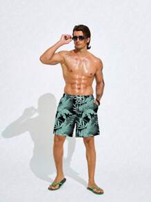 Manfinity Men's Drawstring Waist Tropical Plant Print Pocket Beach Shorts - Multicolor - View 4
