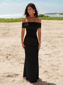 Opulessa 夏季度假服装女士海滩波西米亚风波西米亚节婚礼派对优雅性感正式伴娘生日纯色针织网眼露肩美人鱼连衣裙 - 黑色 - 查看 6