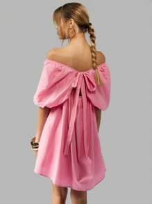 MISSGUIDED Off Shoulder Puff Sleeve Summer Mini Dress Flutter A-Line Party Wedding Guest Spring Bardot Dress Special Occasion Short Length - Pink - View 2