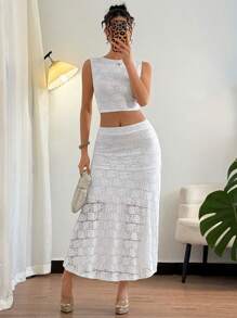 Chiquease Set de 2 piezas de encaje, diseño único de encaje francés calado blanco, conjunto sexy de top corto sin mangas y falda de cola de sirena de cintura alta, estilo de vacaciones francés de conjunto de camiseta de encaje calada y falda de cola de sirena ajustada, conjunto de camiseta de encaje + falda de cola de sirena de cintura baja - Blanco - Ver 6