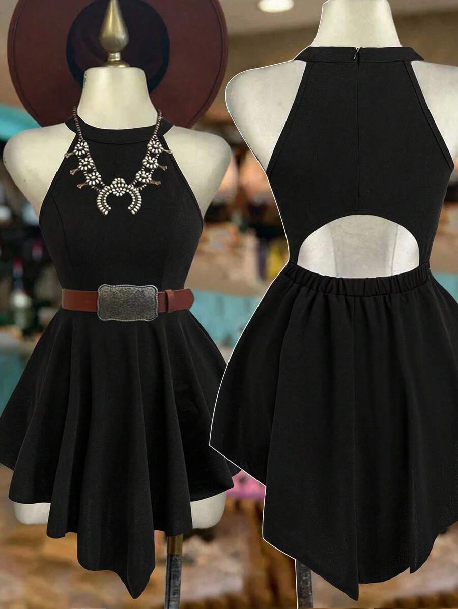 Flirla 加大码小圆领不对称下摆镂空后背连衣裙，毕业礼服