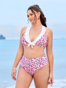 HELLO KITTY AND FRIENDS | SHEIN Set Bikini Ukuran Besar Seksi Gaya Y2K dengan Detail Pita dan Tali Belakang, Motif Kartun, Cocok untuk Pantai, Resor, dan Kolam Renang Musim Panas - Berwarna merah muda - View 5