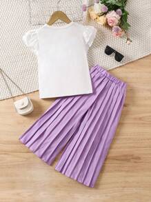 SHEIN 2 Stücke/Set, Cartoon-Muster Rundhals Kurzarm Top und weit geschnittene Plissee-Hose für Kleine Mädchen, lässiger Outfit