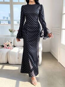 Modelyn Vestito lungo elegante e aderente da donna con maniche a sbuffo e stampa a pois