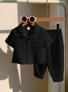 男婴休闲韩版纯色提花翻领短袖上衣和裤子 2 件套，适合居家、户外、度假穿着、夏季 - 黑色 - 查看 7