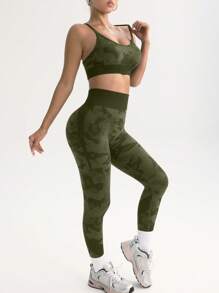 Gameset SHEIN Sport Women's Pattern Back Crossover Tank Top And Leggings Sportswear Set - Army Green - View 5