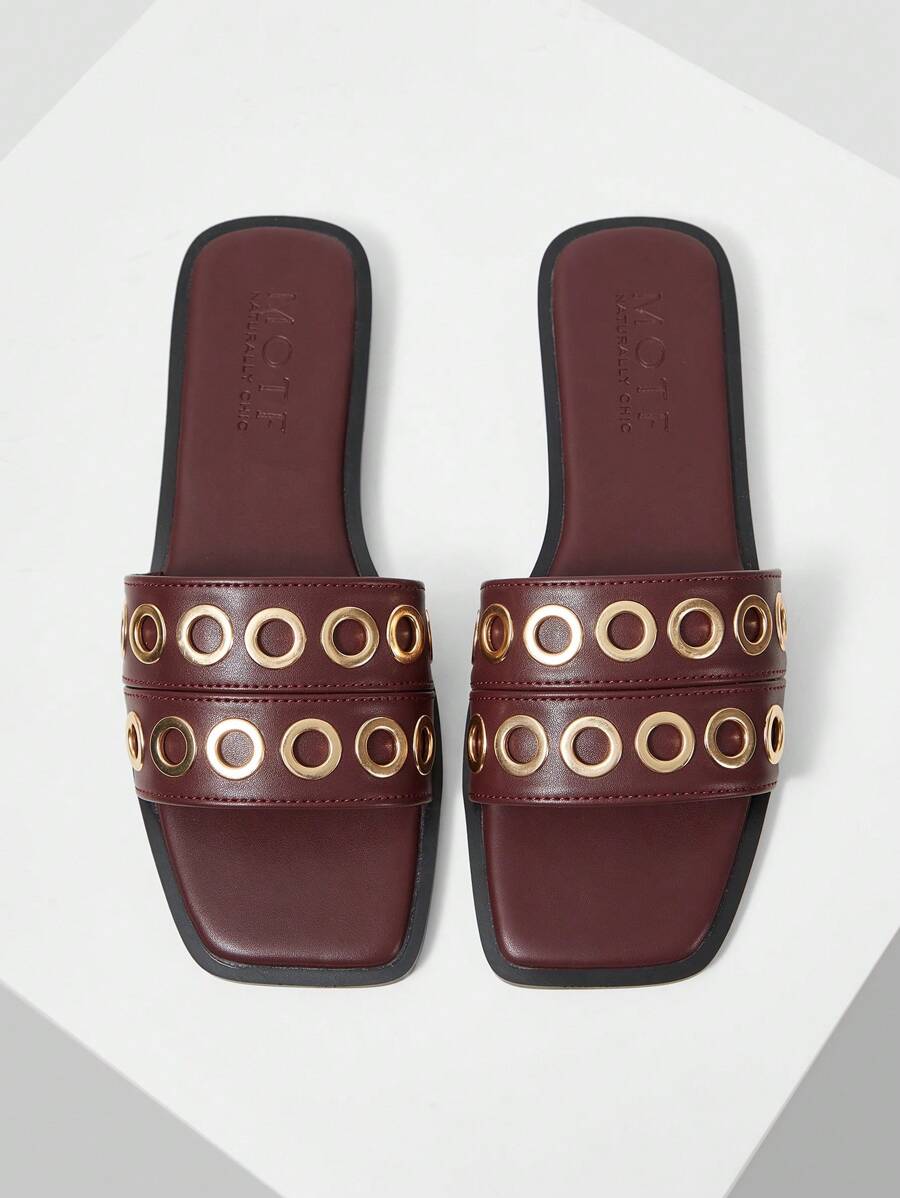 MOTF PREMIUM FLAT SANDALS, SQUARE TOE SLIP-ON SANDALS - Burgundy - View 1