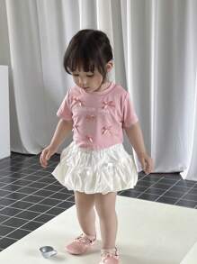 2pcs/Set Baby Girl Cute Casual Daily Ballerina Sweet Short Sleeve Cropped T-Shirt And Ruffle Skirt Outfit Baby Summer Clothes Girl Infant Summer Clothes Girl Baby Girl Clothes Summer Girl Clothes Baby - Pink - View 1