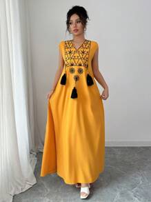 Rafferiza Gaun Wanita Model Western Longgar Lurus dengan Motif Bordir dan Rumbai, Kerah V, Cocok untuk Liburan - Kuning - View 6
