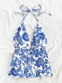 Soleia Women's Casual Halter Neck Lace-Up Backless Cami Summer Top, Blue Floral & Paisley Print, Suitable For Summer,Rave Top