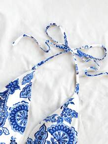 Soleia Women's Casual Halter Neck Lace-Up Backless Cami Summer Top, Blue Floral & Paisley Print, Suitable For Summer,Rave Top