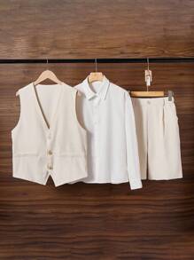 3pcs/Set Solid Color Business Suit Including Vest, Shirt, And Shorts, Suitable For Daily Wear, Commuting, Festivals And Formal Occasions - Khaki - View 3