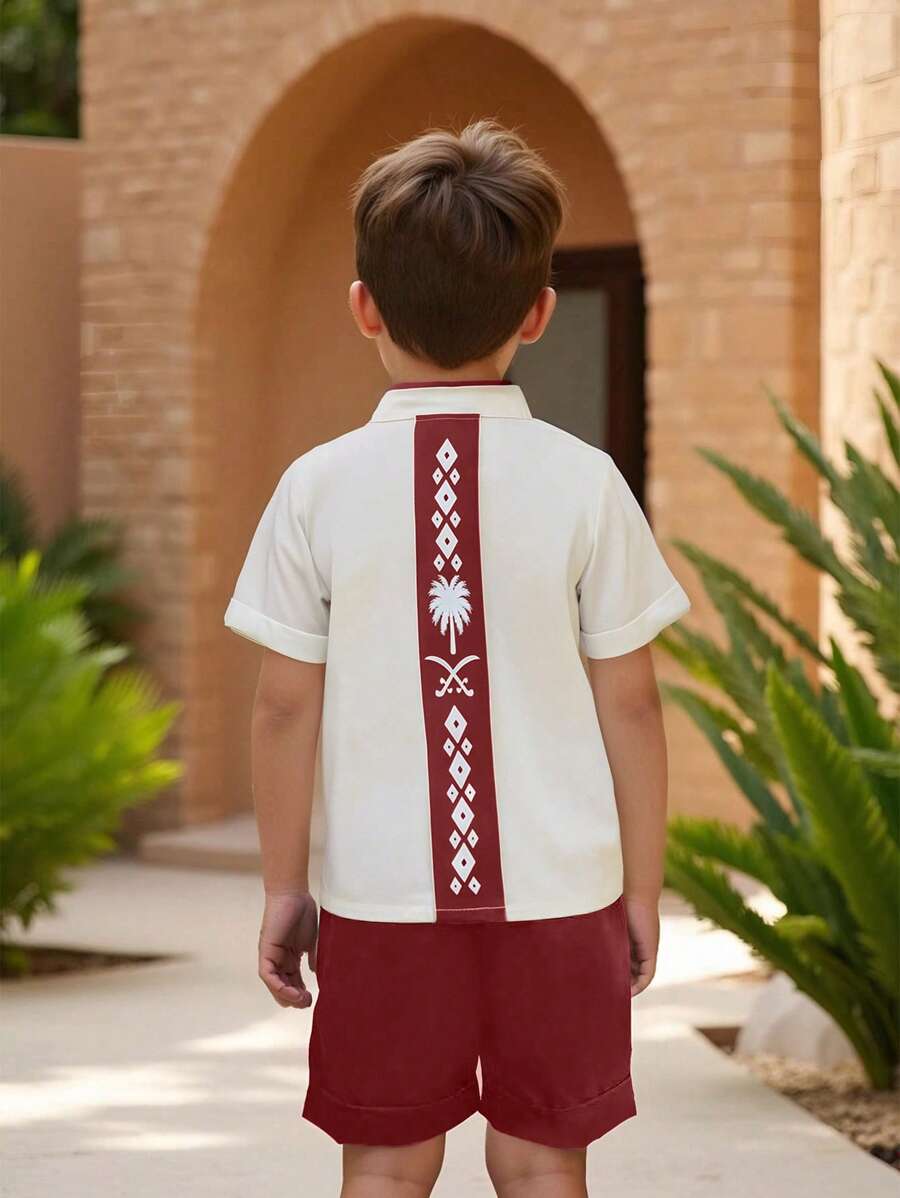 SHEIN 2pcs/Set Young Boy Local Native Costume: Stand Collar Patched Holiday Pattern Shirt And Shorts, Suitable For Vacation And Beach - Red - View 1