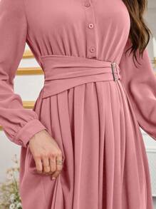 Modelyn Đầm dạ hội dài tay có cổ thắt nút đơn giản phía trước - Hồng - Xem 3