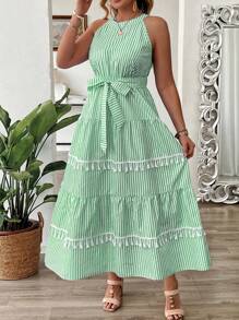 SHEIN Clasi Vestido casual de talla grande sin mangas con flecos, estampado de rayas y dobladillo con diseño floral - Verde - Ver 5