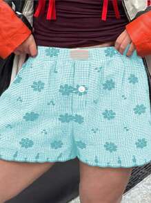 SHEIN Essnce 2024 Neuer Sommer Rot und Weiß karierten Stickerei Damen Shorts Casual - Grün - Übersicht 5