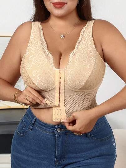 Canottiera modellante in pizzo con patchwork tinta unita, taglie comode per donna