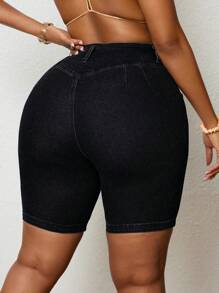 SHEIN SXY Plus Size Women Bohemian Style Elastic Crossed Strap Hollow Out Design Skinny Cropped Jeans - Black - View 2