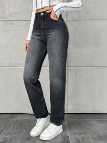 EURMUSE Women'S Straight Leg Jeans With Washed Effect - Grey - View 4