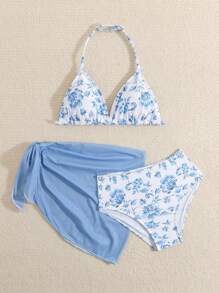 SHEIN Girls' Cute Printed Triangle Top And Skirt Bikini Set (Ditsy Floral Random) - Blue - View 5