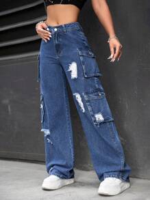 SHEIN PETITE 女式破洞多口袋休闲阔腿牛仔裤