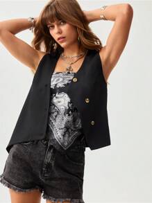 SHEIN LUNE Women's Western Style Summer Black Casual Vest, Vintage Old Money Festival Office Wear Old Money Style Old Money Teacher For Women - Black - View 1