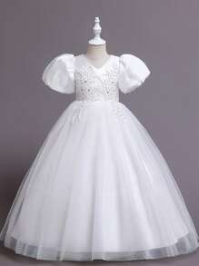 SHEIN Tween Girls Tulle Puff Sleeve Embroidered Sequin Decor Fairy Tale Princess Flower Girl Dress - White - View 6
