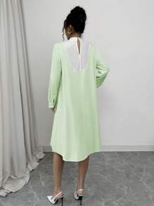 Elenzga 1pc Women Solid Color Patchwork Tie-Up Long Sleeve Elegant Dress Fall Cloth For Women