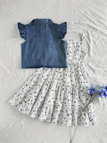 SHEIN Tween Girls Spring Denim Spaghetti Strap Top & Ditsy Floral Wide Swing Skirt 2pcs Vacation Outfit Set - Multicolor - View 2
