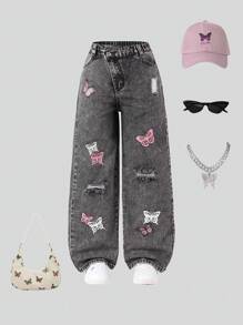 SHEIN Wildeya Tween Girl Asymmetric Elastic Waist Cute Butterfly Print Loose Comfy Light Blue Wide Leg Jeans