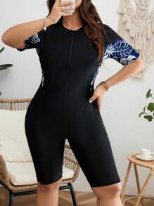 Swim SPRTY 大码女式 1 件套短袖连体裤，带短裤，合身休闲冲浪泳衣，适合度假