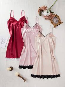 SHEIN 3 件套：性感纯色缎面蕾丝边细肩带睡袍娃娃装奢华家居服 - 彩色 - 查看 2