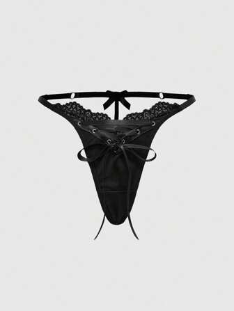 Grunge Punk Tanga con abertura de estilo punk oscuro, hecho PU y encaje con lazo
