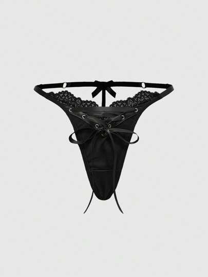 Grunge Punk Dark Punk Style PU Leather & Lace Crotchless Panty Thong With Bow