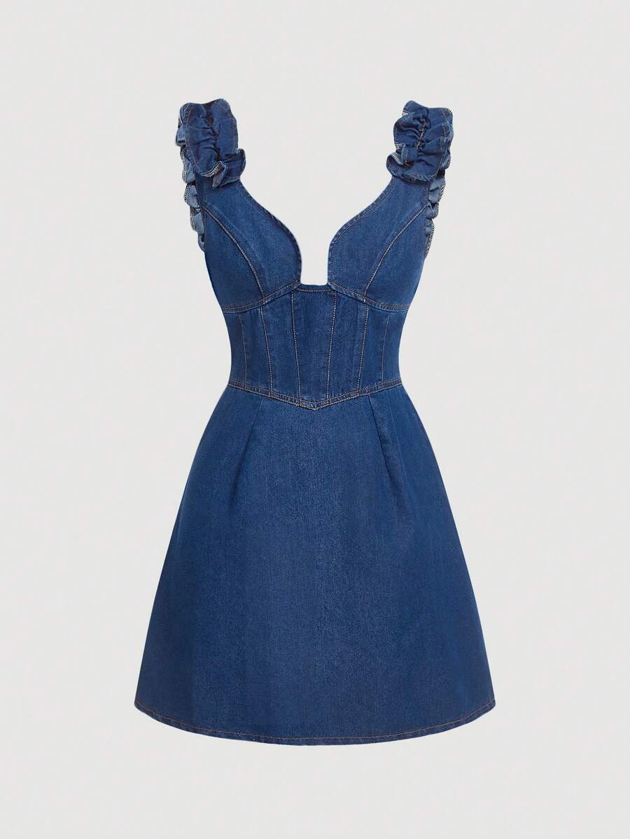 SHEIN MOD 女士休闲荷叶边无袖牛仔连衣裙 - 藍色 - 查看 1