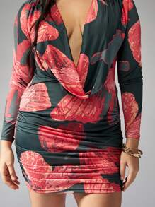 MISSGUIDED PLUS Floral Ruched Mini Dress Plus Size Plunge Neckline Long Sleeve Fitted Bodycon Party Club Night Out Winter Fall Holiday - Multicolor - View 5