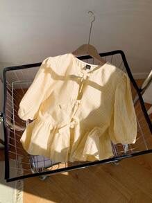 Comfortcana Women's Casual Yellow Striped Tie-Up Babydoll Shirt,Butter Yellow