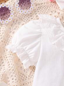 3pcs/Set Toddler Girls White Embroidered Collar Short Sleeve Top, Heart Print Overall Jumpsuit, And Headband, Summer Outfit - Pink - View 7