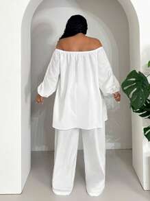 Veslaya Plus Size Loose White Long Jumpsuit, Open Shoulder Early Spring Vacation Casual - White - View 6