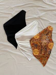 Soleia 女士海滨度假风格旭日金色佩斯利图案与纯黑白不对称下摆不对称肩部休闲衬衫套装 - 彩色 - 查看 6