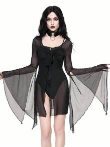 ROMWE Gothic Dark Bat Design Kimono Cover Up For Women - Black - View 1