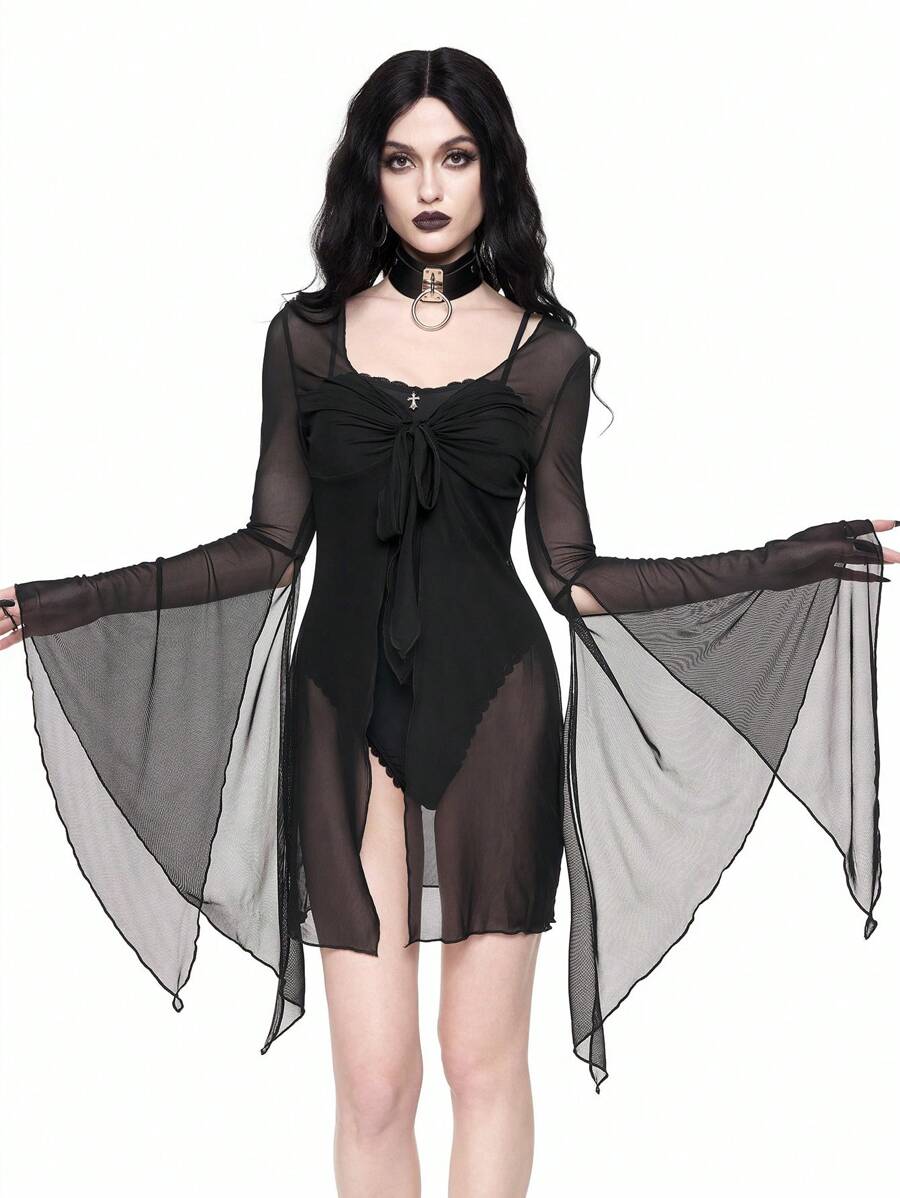 ROMWE Gothic Dark Bat Design Kimono Cover Up For Women - Black - View 1