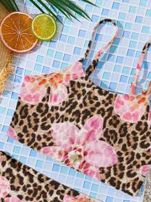 SHEIN Leap Crew Set Baju Renang Bikini Camisole Kasual Sederhana Motif Bunga Leopard untuk Anak Perempuan Remaja, Cocok untuk Musim Panas - MultiWarna - View 3