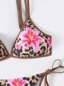 Swim Vcay 1 Set Bikini acolchado de mujer con estampado aleatorio de flor de lirio y estampado de leopardo, traje de baño sexy para playa, versátil para isla, playa, fiesta en la piscina, verano