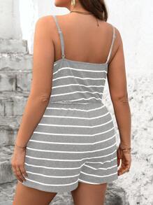 SHEIN LUNE SHEINLUNE Plus Size Women's Adjustable Strap V-Neck Striped Knit Romper,Summer Outfits For Women, Concert Outfit Women, Rave Outfits Festival, Spring Break Outfits, Ibiza Fit, Beach Outfits For Woman/Beach Summer Boho Old Money Summer Outfits For Women Spring Break Rave Outfits Festival Spring Break Outfits - Light Grey - View 2