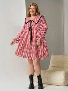 SHEIN EZwear Plus Size Spring Red & White Plaid Peter Pan Collar Dress - Red and White - View 5