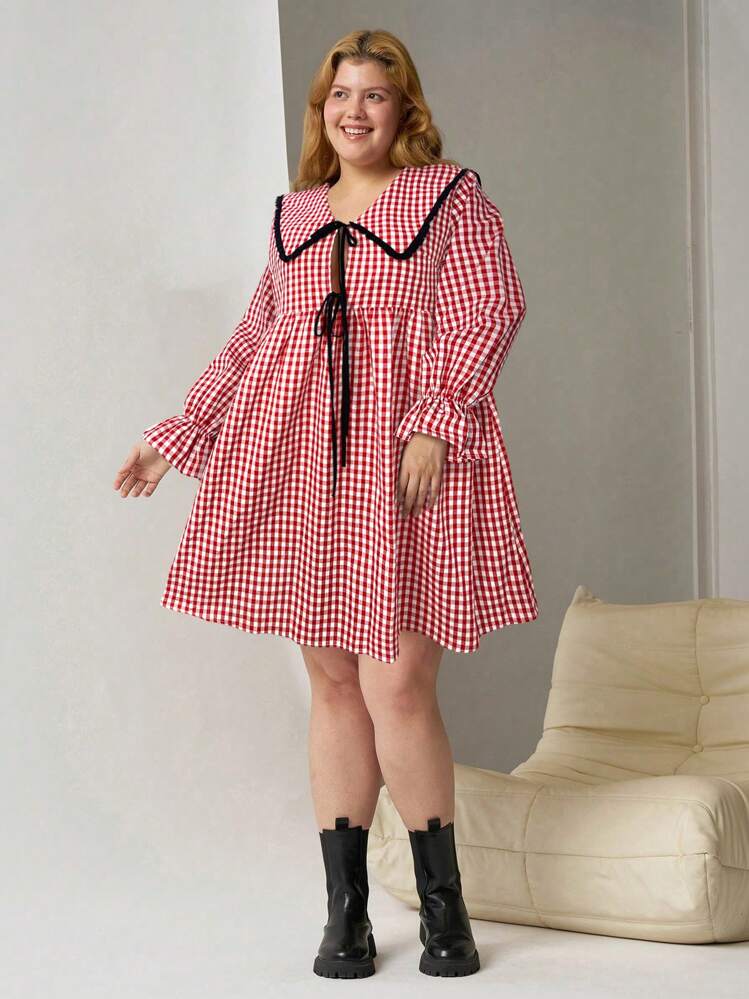 SHEIN EZwear 大码春季红白格子彼得潘领连衣裙 - 紅白色 - 查看 5